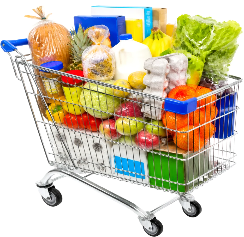 Shopping cart overflowing with groceries including bread, milk, eggs, fruit, vegetables and household essentials